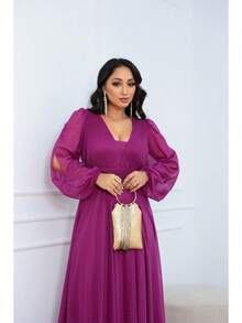 Women's Long Aurora Tulle Dress With Shiny Long Sleeves - 玫瑰紅 - 查看 2