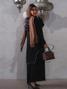 Hafizah Đầm Abaya kiểu Dubai Trung Đông với gấu xếp ly và cúc da, màu đen, thích hợp cho mùa xuân. - màu đen - Xem 3