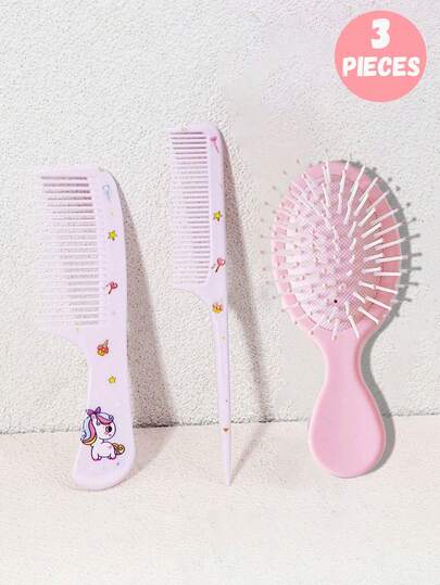 Bộ 3 lược chải tóc hình kỳ lân hoạt hình, tay cầm ABS tiện dụng và răng lược bằng nhựa, thích hợp để nhuộm, uốn và tạo kiểu tóc, dụng cụ tạo kiểu tóc cho mọi loại tóc, món quà tuyệt vời dành cho các bé gái.