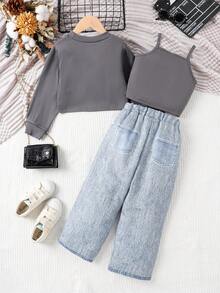 3件套女童甜美休闲长袖轻薄套头衫、无袖背心、牛仔效果长裤套装，春秋季