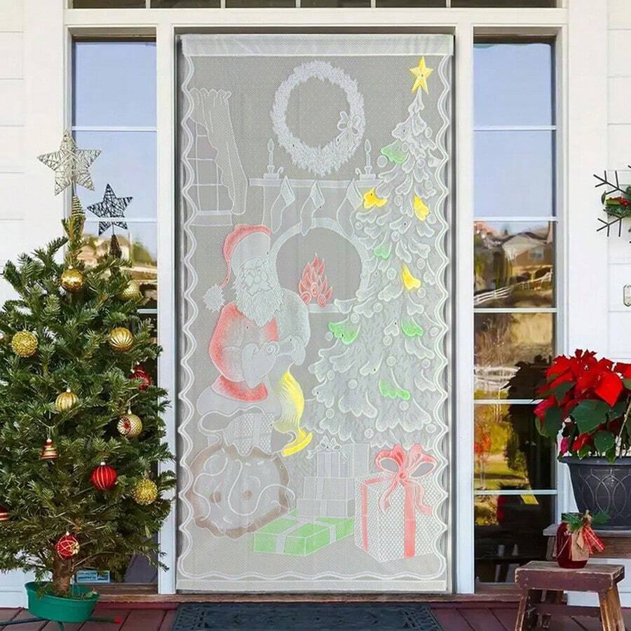 2-delat julgardinset med färgglad julgran och snögubbemönster - Spets, stångficka, halvt ogenomskinlig Nytt julgardin med färgglada mönster - Spetsgranar och snögubbar, halvt ogenomskinlig - Jultomten - Visa 1