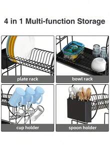 Escurreplatos de 2 niveles con drenaje automático, de acero inoxidable negro, con soporte para utensilios y platos, organizador de encimera para el hogar que ahorra espacio.