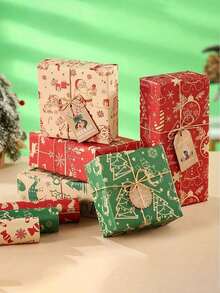 6 Rolls Kraft Christmas Wrapping Paper Set - 19.68x27.55 Inch Sheets! Vintage Retro Style With Santa, Reindeer Patterns For Gift Packaging, Scrapbooking, Xmas Tree Decoration Christmas Pajamas Christmas Decor - Multicolor - View 5