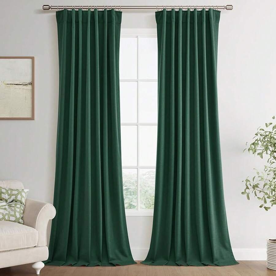 Beige Linen% Blackout Curtains 84 Inch Long, Rod Pocket/Back Tab/Hook Belt/Clip Rings, Thermal Insulated Drapes Bedroom Living Room With Hooks (1 Panel, 60 X 84), Stylish Window Treatments - 深綠色 - 查看 1