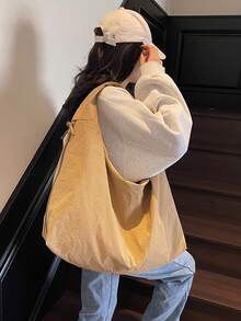2025 New Khaki Nylon Fabric Bag, Large Capacity Solid Color Shoulder Bag, Casual Japanese Style Tote Bag, Versatile College Student Schoolbag, Minimalist Fashion Handbag, Short Trip Travel Bag, Double Zipper Side Pockets, Crescent-Shaped Bag - Màu Khaki - Xem 7