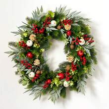 Large 24-Inch Artificial Garland With Pomegranates, White Apples, Red Berries, Golden Pine Cones, Coconuts, And Holly - UV Resistant For Interior/Door Or Tabletop Decoration - Classic And Elegant Garland For Front Door, Christmas, Halloween, New Year - Durable Plastic Garland In Vibrant Colors Of Red, Green, Gold, White, And Brown - Includes Hanging Loop For Easy Hanging - Ultimate Home Decor, Large Front Door Garland, Large Garland, Large Christmas Garland, Large Garland For Front Door