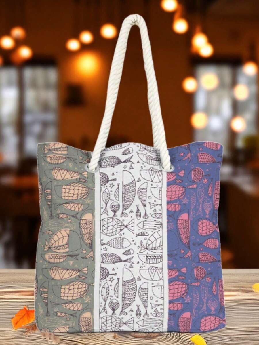 This Summer's Must-Have Bag! – Rope Handle Shoulder Bag | 40x40 Cm | Print | Made In Turkey - Gold - View 1