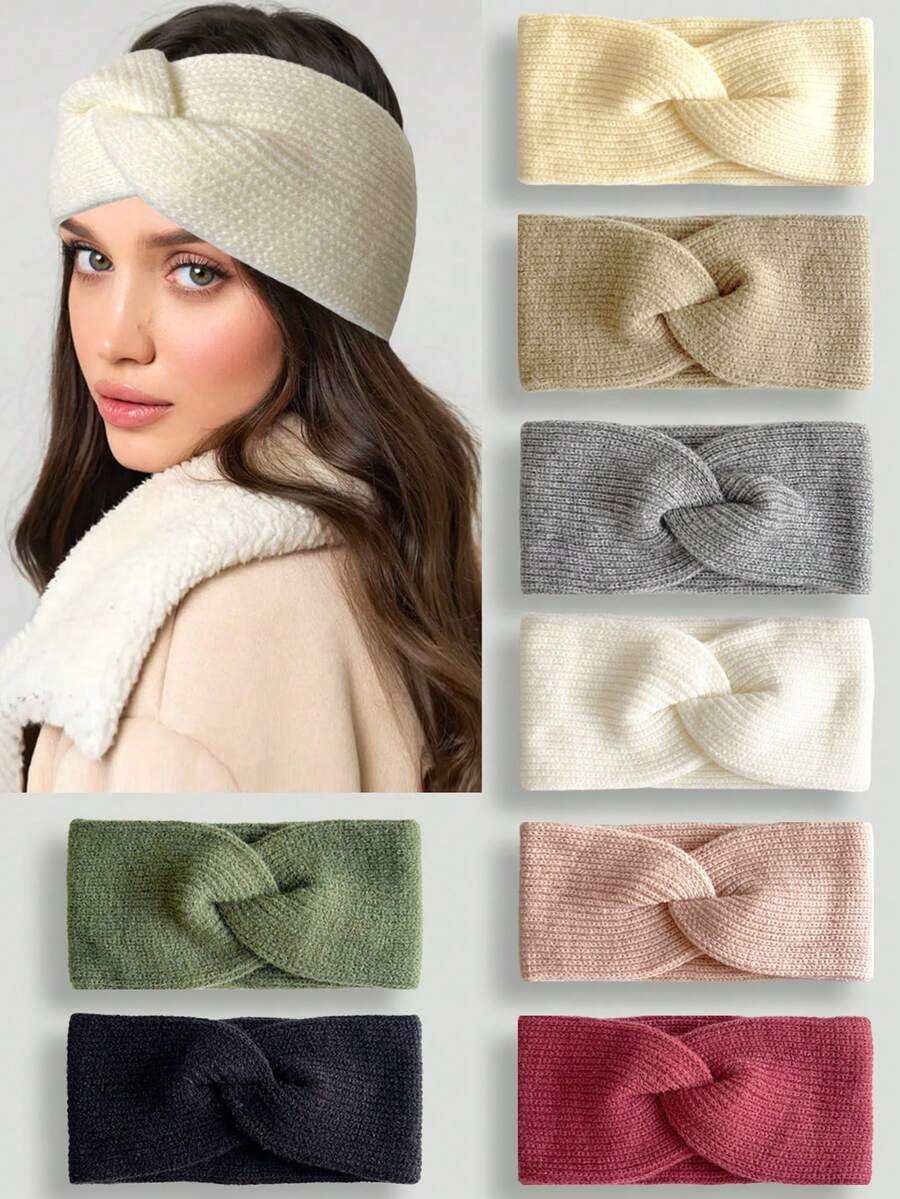 1pc Women's Solid Color Double-Layer Thick Knitted Criss-Cross Headband Scarf, Warm Lining, Suitable For Sports, Winter, Elastic Hair Accessories For Women And Girls Casual Hair Bands