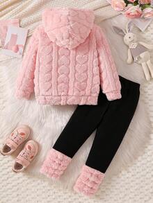 Setelan Baju Hoodie Plush untuk Anak Perempuan dan Legging Polos Kasual, Pakaian Sehari-hari untuk Musim Dingin - Berwarna merah muda - View 2