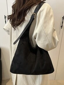 大容量麂皮托特包女款，2026新款韓式風格高級時尚休閒百搭單肩通勤購物包 - 黑色 - 查看 4