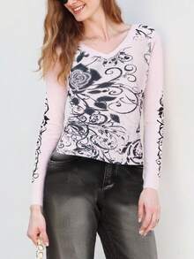 Women Y2k Long Sleeve Shirts Top  Floral Print Ribbed V-Neck Shirts Spring Casual Slim Fit Tops Streetwear Casual Fall Shirt - Pink - View 3