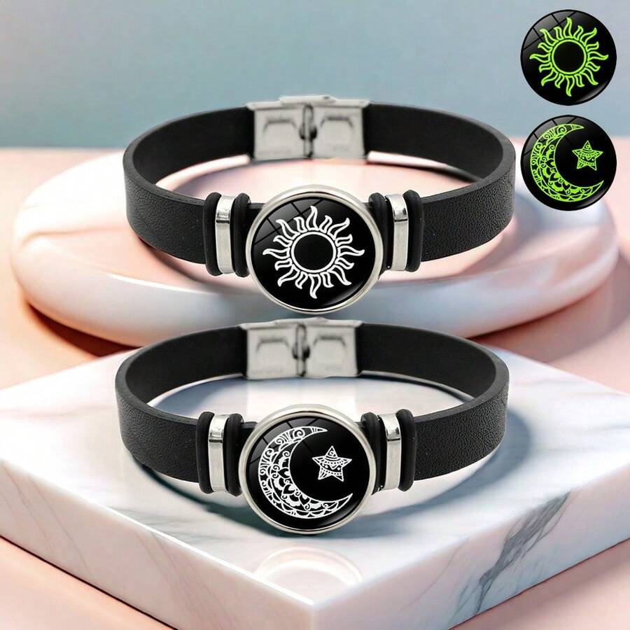 2pcs/Set Glow-In-The-Dark Leather Bracelet, Sun Moon Star Pattern, Fashion & Personalized, Couple Bracelet, Shines In The Dark, Accessory - Multicolor - View 1