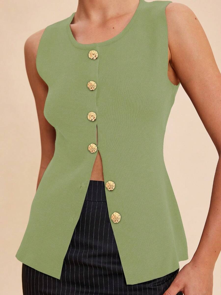 复古优雅金属纽扣前襟纯色不透明无袖圆领商务工作背心，修身休闲针织背心，女士款 - 草綠色 - 查看 1