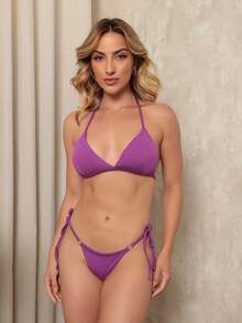Women's Bikini Set With Triangle Aviator Top And Ripple Bottoms With Side Ties - Màu tím - Xem 8