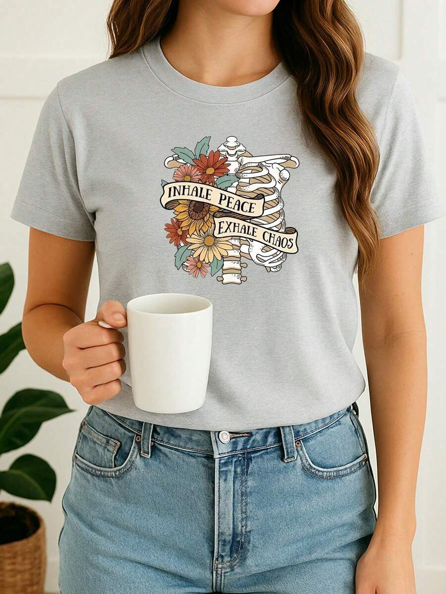 Women's Babylook T-Shirt Old School Skeleton Rib Flowers Phrase Swag Streetwear Minimalist Printed 100% Cotton Various Colors Cute Tumblr Blogger - 灰色 - 查看 1