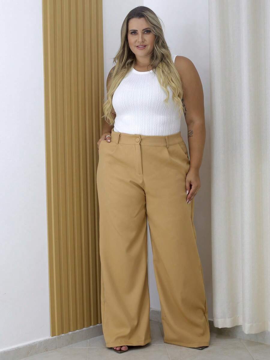 Tailored Wide Leg Trousers Plus Size 46-52 With Pocket, Zipper And Button Closure 8819 - Beige - View 1