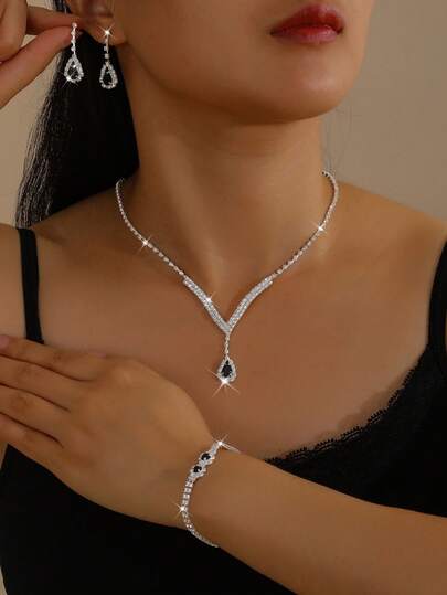 4pcs Bridal Jewelry Set: Rhinestone Claw Chain Necklace, Earrings, Bracelet, Elegant For Wedding, Formal Dress