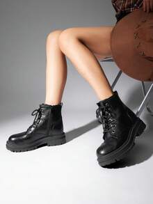 Wide Fit Lace-Up Combat Boots Ankle Booties For Women - màu đen - Xem 3