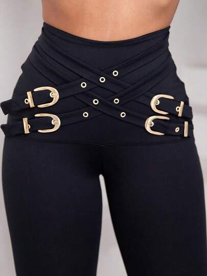 ChicMe Women's High Waist Skinny Pants With Criss-Cross Buckle Decor, Solid Color Casual Jogger Pants, Fashionable Street Style