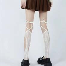 1 Pair Of Chic Women's White Lace Calf Socks With Delicate Bowknot Embellishment - Breathable Transparent Thigh High Socks, Polyester Fiber, Hand Washable - Ideal For Spring And Summer Fashion - trắng - Xem 3