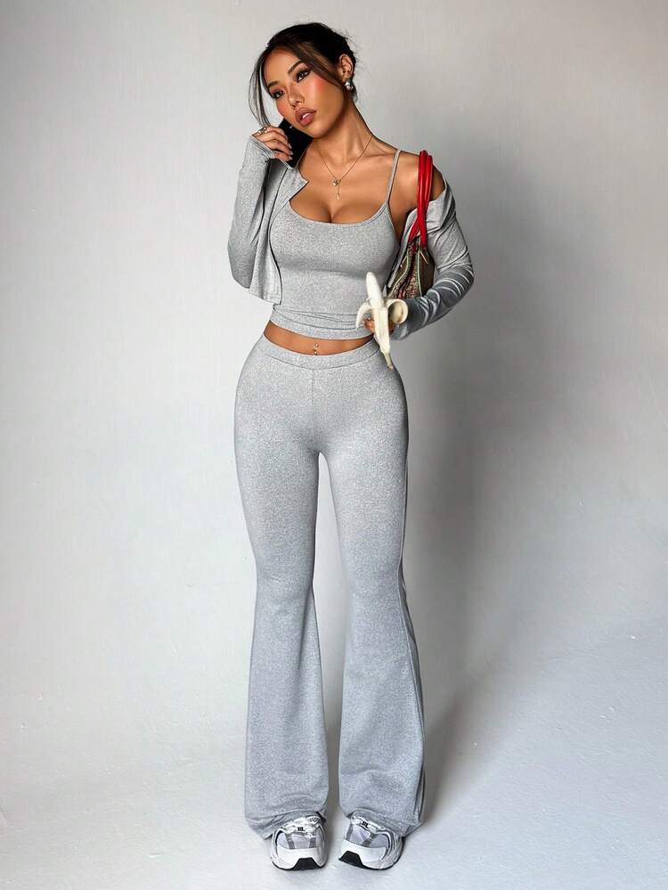 3pcs Minimalist Solid Color Fitted Cropped Cardigan, Camisole, And Flare Pants Set