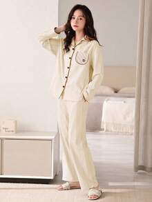 AICJ 2件套女士休闲条纹长袖上衣和裤子睡衣套装，舒适家居服，适合春、夏、秋季穿着，情人节、新年礼物，秋冬服装 - 米色 - 查看 5