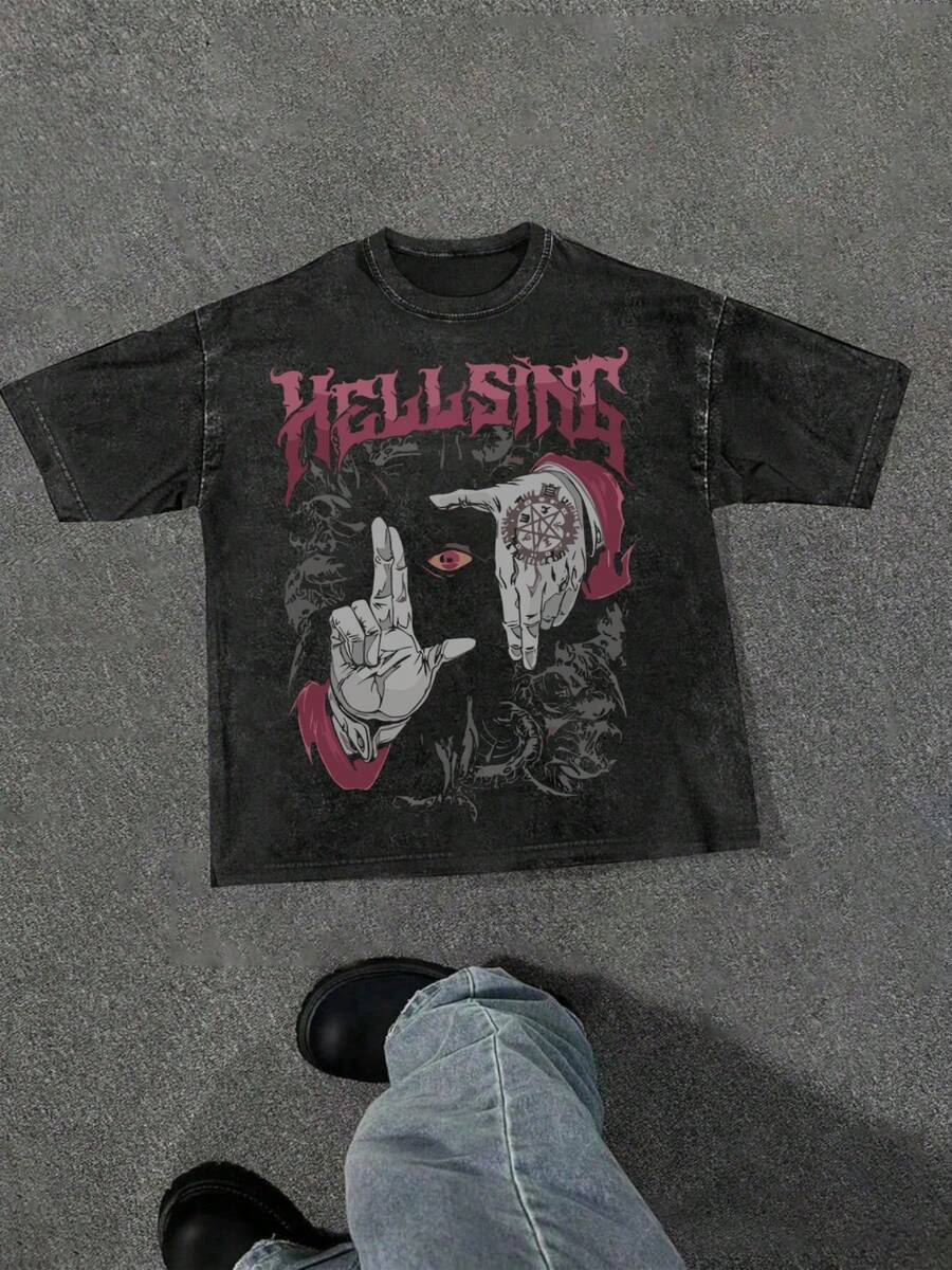 Men's Washed T-Shirt Hellsing Gothic Art Print Comfortable Soft Short Sleeve 230gsm Washable T-Shirt - Black - View 1