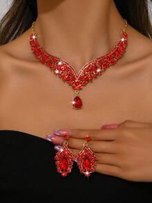 Set de 2 piezas de joyería nupcial de lujo con cristales completos, incluye collar y pendientes, en color rojo