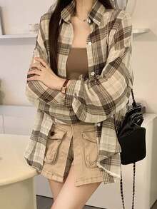 2025夏季新款格子衬衫女休闲宽松上衣上衣 - 卡其色 - 查看 3