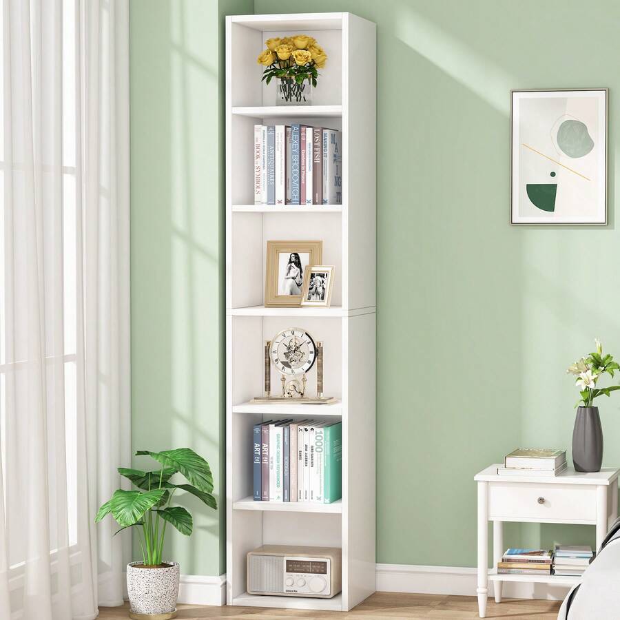LITTLE TREE 70.9 Inch Tall Narrow Bookcase, Modern White Corner Bookcase With Storage, 6 Tier Cube Display Shelves For Home Office (1) - trắng - Xem 1