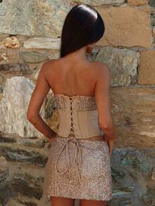 Women's Sequin Tassel Two-Piece Outfit Hlter Sleeveless V-Neck Crop Top Low Rise Mini Skirt For Party - Khaki - View 3