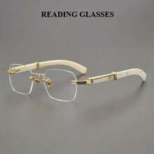 Men's Retro Square Frameless Reading Glasses With Metal Hinge-HD Lens Reading Glasses Magnifying Glass 1.0 To 4.0 Magnification, Durable Business And Office Glasses, Suitable For Daily Use, Stylish Metal Frame Design, Multi-Function Magnification, Modern Glasses, High Quality Lens, Vision Correction, Exquisite Design, Lightweight Structure, Vision Support, Adults - 金&白色 - 查看 5