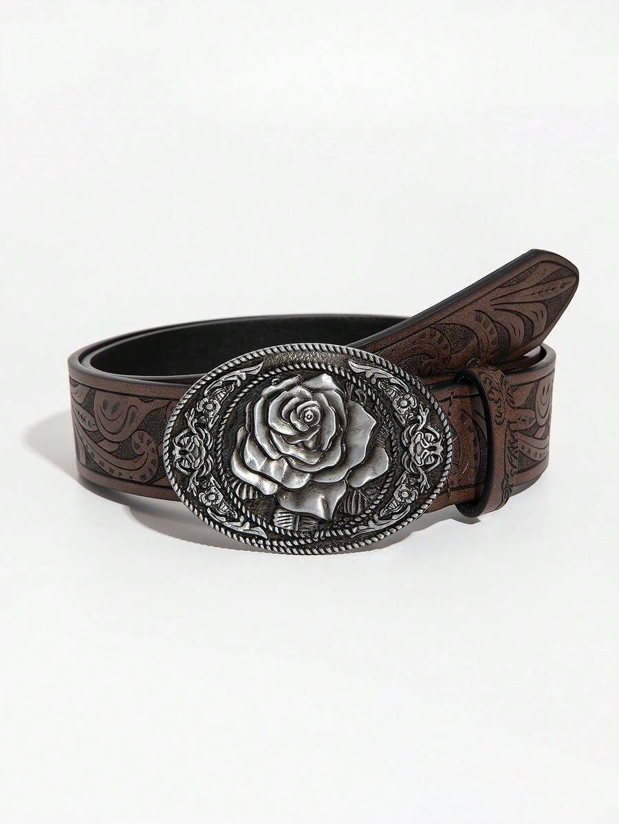 1 条咖啡色玫瑰扣复古花卉 PU 皮带