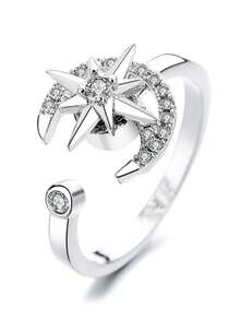 1 pièce Bague de soulagement de l'anxiété réglable et rotative pour femmes, en forme de fleur, cœur, flocon de neige, lune, étoile, nœud avec zirconium serti. Aide les femmes à soulager l'anxiété et le stress - Multicolore - Voir 13