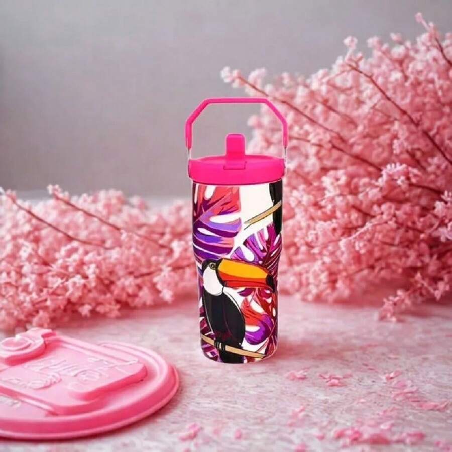 900ML Cup Toucan Pattern Bottle With Cartoon Handle Stainless Steel Large Capacity Thermal Insulation Vacuum Car Water Cup Suitable For Sports, Wedding, Business, Home, Car, Office, Outdoor, Travel, Gifts, School And Other Festivals - Rosa - 查看 1