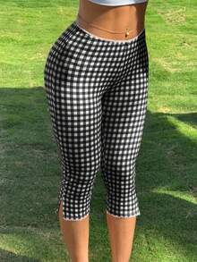 Womens Gingham Split Leggings Lace Low Rise Elastic Waist Skinny Capri Pants - 黑色 - 查看 2