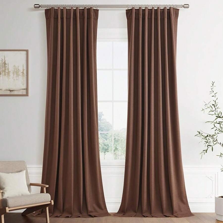 Beige Linen% Blackout Curtains 84 Inch Long, Rod Pocket/Back Tab/Hook Belt/Clip Rings, Thermal Insulated Drapes Bedroom Living Room With Hooks (1 Panel, 60 X 84), Stylish Window Treatments - Caramel Brown - View 1