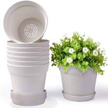 8/16 Sets Flower Pots With Tray For Plants, 6 In Thick Plastic Planters With Multiple Drainage Holes And Tray, Garden Containers Sets For Indoor & Outdoor House Plants, Seedling Starter Planters For Vegetable, Herbs, Garden Flowers (Black/White) - 白色 - 查看 11