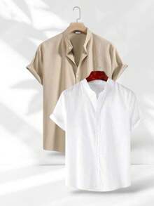 JL KIT 2 Men's Short Sleeve Casual Beach Linen Fashion Shirt - Trắng-Be - Xem 1