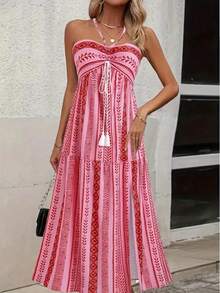 Women's Long Floral Bohemian Style Dress, Printed Halter Dress - Red - View 3