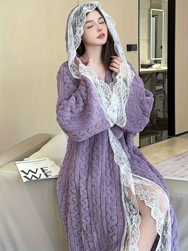 Women'S Cozy Fleece-Lined Lace Hooded Robe - Soft, Warm, And Stylish Bath And Lounge Wear With Tie Waist, Perfect For Fall And Winter, Casual Home Wear|Cozy Robe|Lace Trim Robe