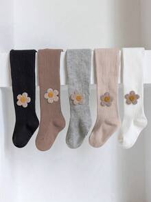 5pcs/Pack Girls Toddler Minimal Flower Decor Vertical Striped Leggings, Suitable For Daily Life