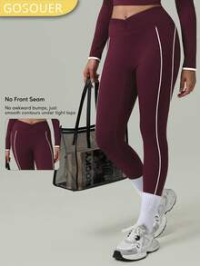 Women'S Contrast Piping Front Twisted Design High-Waist Squat-Proof Running Yoga Sports Leggings Tights - Red Violet - View 3