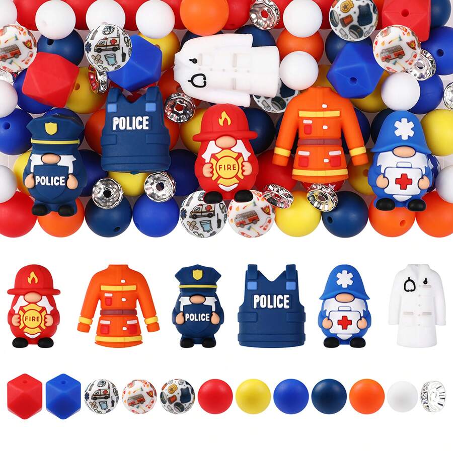 6/25/28/66/70pcs 3D , Doctor, Firefighter Silicone Beads - 15mm Round, 14mm Hexagon And 12mm Spacer Beads, For DIY Keychains, Lanyards, Pens, Focal Beads And Accessories - Colorful Fun Character Beads With Fire Truck, Car, Badge Designs, Firefighter Accessories, Keychain Supplies, Fun Designs, Durable Beads, Pendant Beads, Jewelry Making Supplies - 3D Career Series - View 1