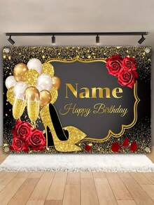 1pc Customized Name Glitter Black & Gold Birthday Background Vinyl Backdrop, Personalized Wall Hanging Decor For Anniversary Celebration Decoration - Multicolor 2 - View 10