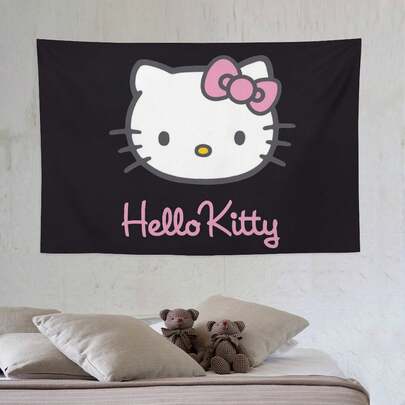 SANRIO 1PC For Hello Kitty Tapestry - Cute Cartoon Cat Wall Hanging With Pink Bow & Text, Black Polyester Fabric, Perfect For Dorms, Living Rooms, Bedrooms & Parties