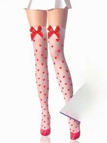 Cute Big Red Bow Heart Print Stockings, High Stockings - 白 - 查看 13