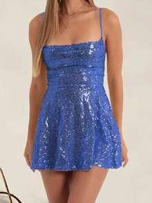 Women's Sequin Mini Dresses Summer Solid Color Sleeveless Spaghetti Strap Cami Dress - Dark Blue - View 8