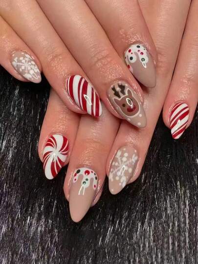 24pcs Christmas Medium Almond Press On Nails Red French Christmas Day Nails Gingerbread Man And Candy Stick Fashion Design Full Cover Fake Nails For Women And Girls Daily Wear