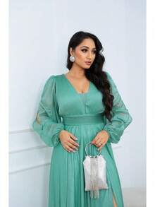 Women's Long Aurora Tulle Dress With Shiny Long Sleeves - 薄荷綠 - 查看 3